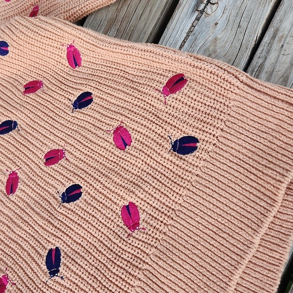 Maeve Elliana Embroidered Mutton Sleeve Sweater Sand Large Ladybug Knit Fall - Picture 9 of 12